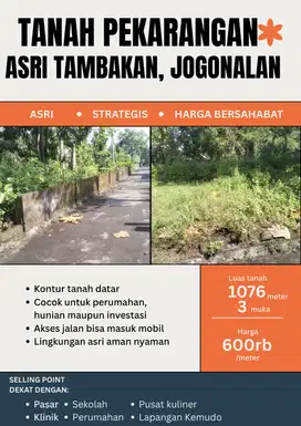 TANAH PEKARANGAN TAMBAKAN, JOGONALAN DAPAT 3 MUKA
