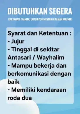 Dibutuhkan karyawati untuk bekerja di stand makanan