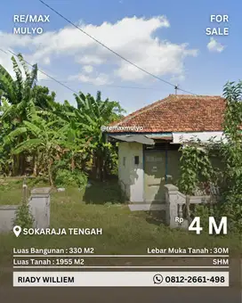 Dijual Tanah Plus Rumah Seluas 1955 M2 di Sokaraja