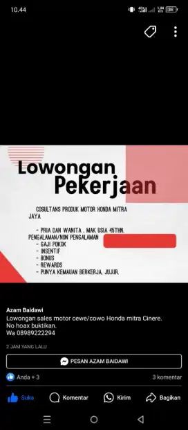 Loker sales motor Honda mitra cinere