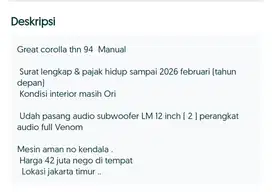 Dijual toyota great Corolla 1994 manual Bensin