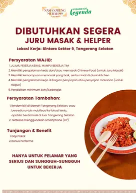 DICARI JURU MASAK CHINESE FOOD & HELPER