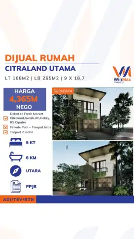DIJUAL Rumah Citraland Utama Surabaya – Dekat Gwalk & RS Ciputra