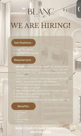 Dicari Nail/Eyelash/Wax Therapist/terapis Gading Serpong, Tangerang