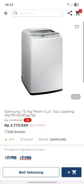 Promo mesin cuci samsung kapasitas 7,5kg