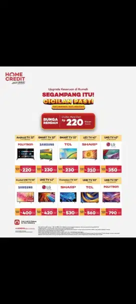 Cicilan mulai dari 220rb TV SMART ALL TYPE