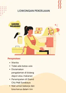 Dibutuhkan pegawai wanita untuk food court Grand City Mall