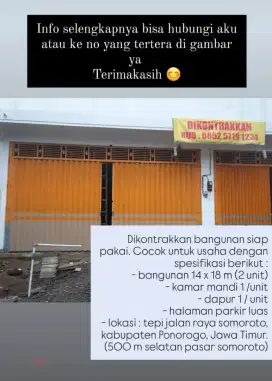 Disewakan Toko 2 Unit Selatan Pasar Sumoroto