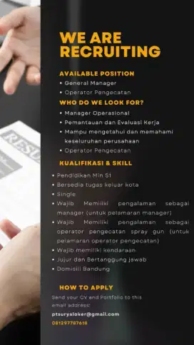 Dibutuhkan Operator Cat dan General Manager