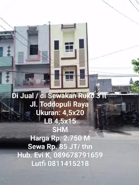 Di Jual/di Sewakan Ruko 3 lt, Jl.Toddopuli Raya