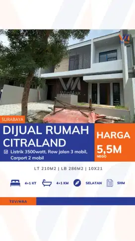 DIJUAL Rumah Citraland – Hadap Selatan, Jalan Lebar & Carport Luas