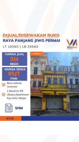 Ruko Dijual/Disewakan Raya Panjang Jiwo — Dekat RS & Univ. Ubaya