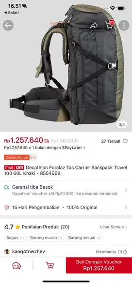 Jual tas carrier forclaz decathlon 60l