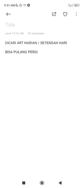 Dicari ART harian/setengah hari. Bisa PP