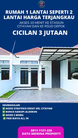 Rumah Free Biaya Pondasi Cakar Ayam akses 10 menit ke stasiun citayam