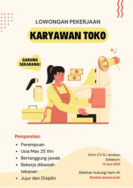 Dibutuhkan Karyawati untk jaga toko makanan