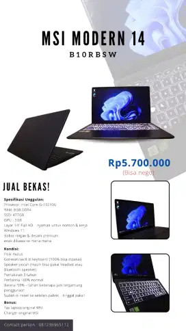 Jual Laptop Bekas MSI Modern 14 B10RBSW