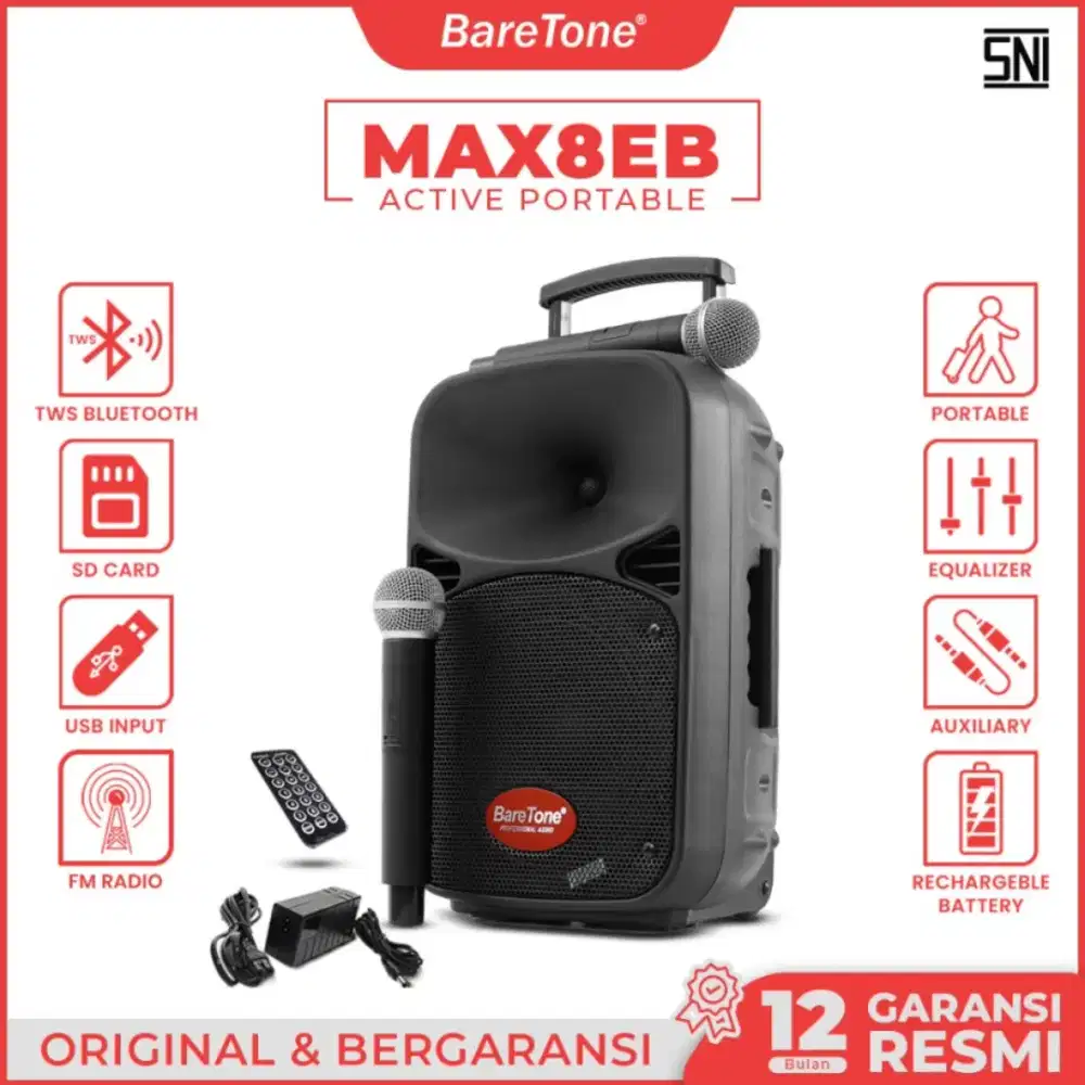 Speaker Portable Karaoke Baretone MAX08EB 8 Inch Original