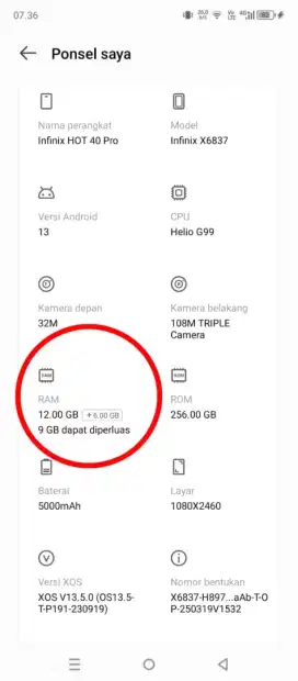 INFINIX HOT 40 PRO RAM 12+9 / 256