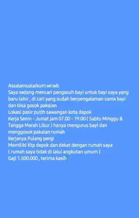Lowongan Pengasuh Anak / Baby Sister