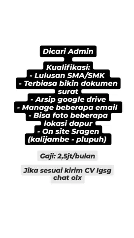 Dicari Admin Lgsg Kerja