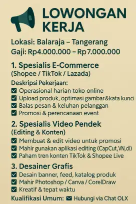 Lowongan Spesialis E-Commerce & Video Editing – Tangerang