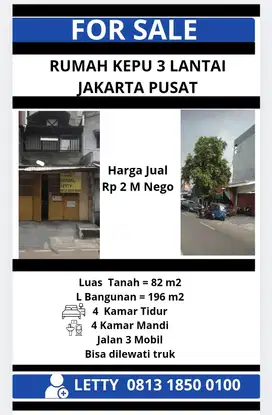Dijual Rumah 3 Lantai Kepu Kemayoran Jakarta Pusat Rp 2 M Nego