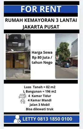 Sewa Rumah Kemayoran Jakarta Pusat Rp 80 Juta / tahun Nego