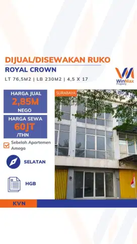 DIJUAL/DISEWAKAN Ruko Royal Crown – Sebelah Amega Apartemen