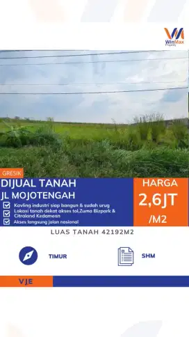 Dijual Tanah Industri Gresik, Dekat Tol & Jalan Nasional, SHM