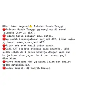 Dibutuhkan Asisten Rumah Tangga