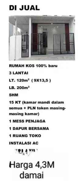 Di Jual  Rumah Kos2an bangunan baru di kelapa gading jakarta utara