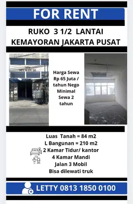 Ruko 3 1/2 Lantai Kemayoran Jakarta Pusat Rp 65 Juta / tahun