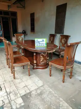 Meja makan salina gendong full kayu jati set kaca meja
