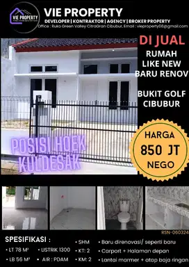 Dijual Rumah baru renov posisi hoek kuldesan di Bukit Golf Cibubur