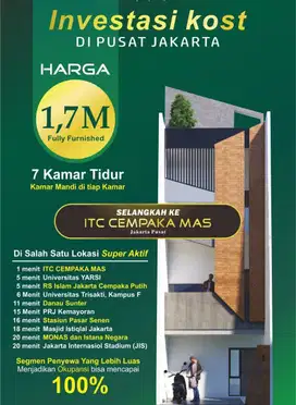 Rumah kost kos kosan jakarta pusat dekat tol stasiun ITC cempaka mas