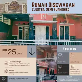 DISEWAKAN Rumah Cluster Semi Furnished Bebas Banjir di Sukarame