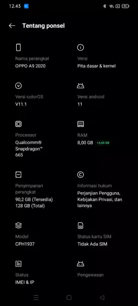 oppo a9 2020 ram 8+3 batangan