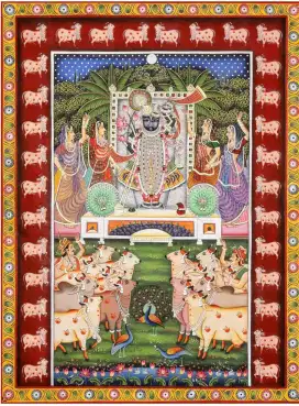 Cetakan Lukisan Pichwai Besar Shrinathji dengan Gopi dan Sapi Ukuran