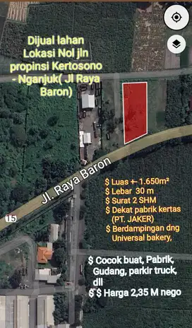 Dijual tanah Nol jln propinsi Kertosono - Nganjuk( Jl Raya Baron)