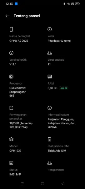 Oppo a9 2020 ram 8+3 orian batangan