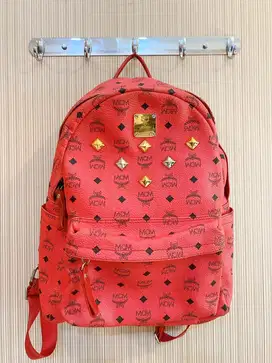 Preloved Original MCM Stark Backpack Medium Red Studded