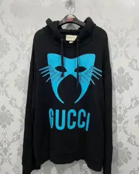 Gucci Manifesto Logo Cat Mask Printed Hoodie Black