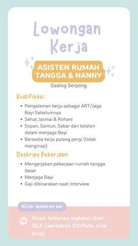 Lowongan Kerja ART Pulang Pergi (PP) Gading Serpong Tangerang