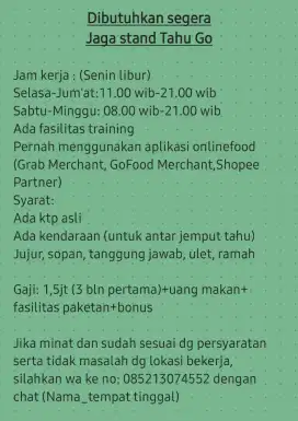Lowongan jaga stand (gerobak) tahu