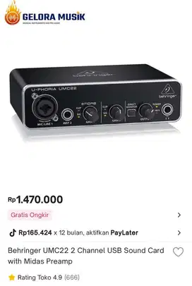 Behringer UMC22 2 Channel USB Sound Card with Midas Preamp