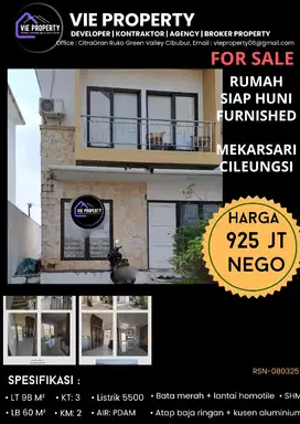 Dijual cepat rumah 2 lantai siap huni di Mekarsari Cileungsi