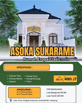 RUMAH DI SUKARAME MEWAH DP RINGAN DEKAT KEJAKSAAN NEGERI & UIN RIL