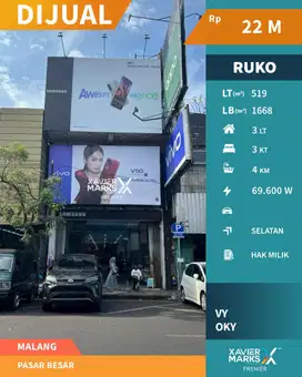 Dijual Ruko 3 Lantai Strategis di Poros Jln Pasar Besar Klojen Malang