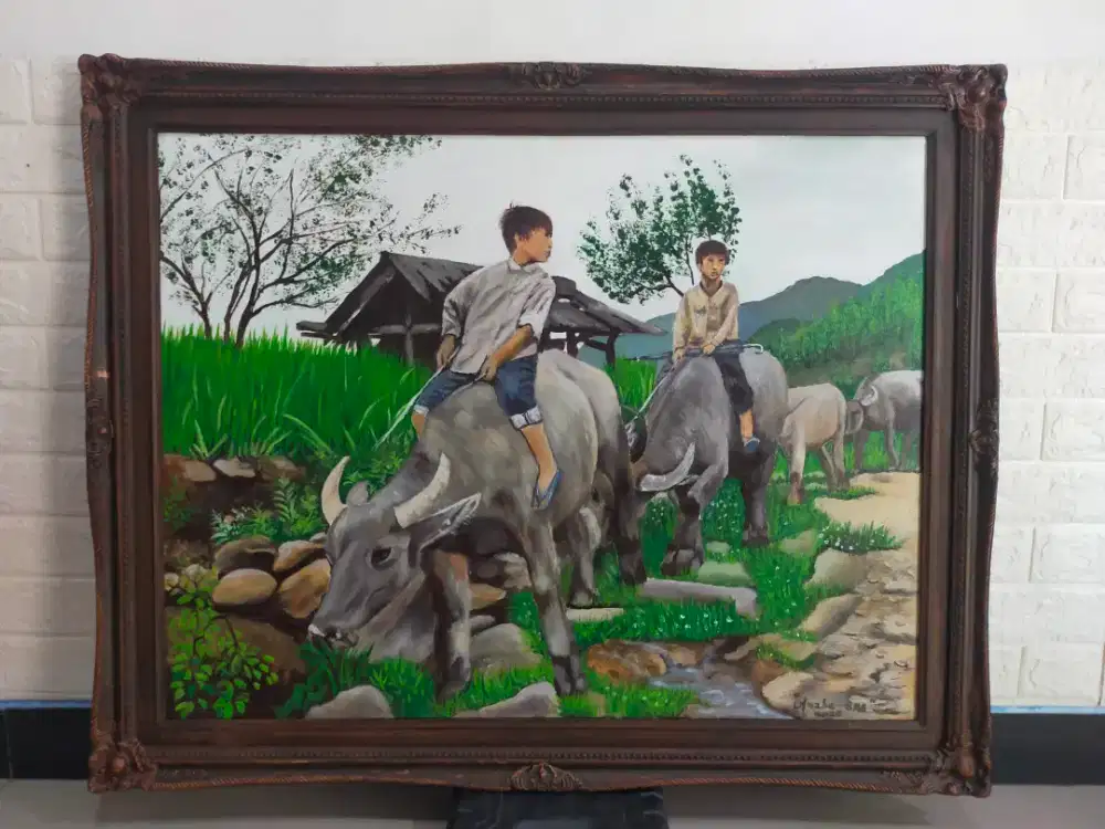 Lukisan kanvas pemandangan angon kebo